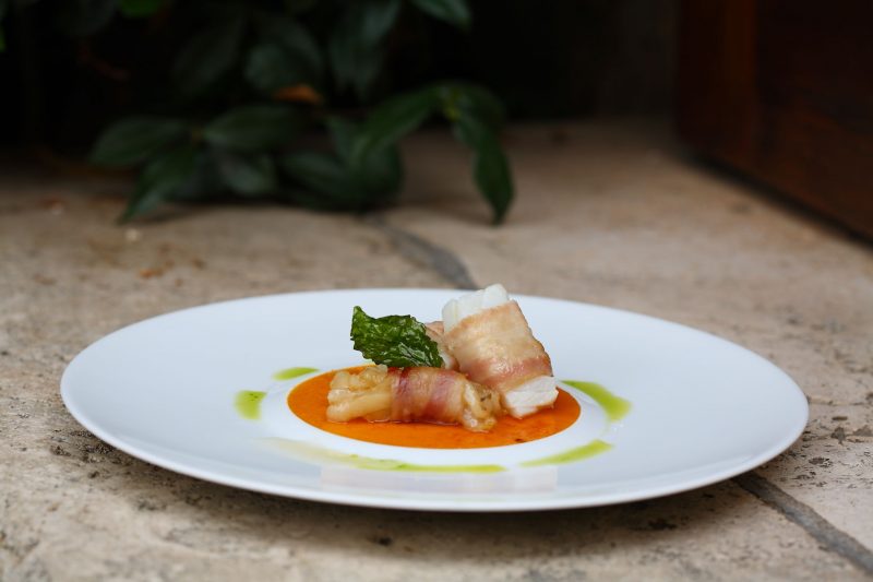 Crema bruciata di zucca con trippe e baccalà