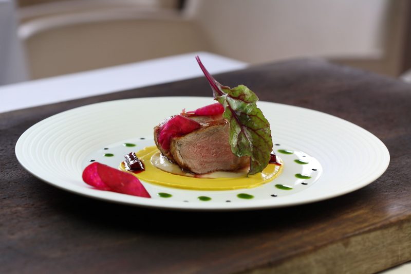 Maialino di cinta senese al macis con crema di sedano e barbabietola marinata al campari