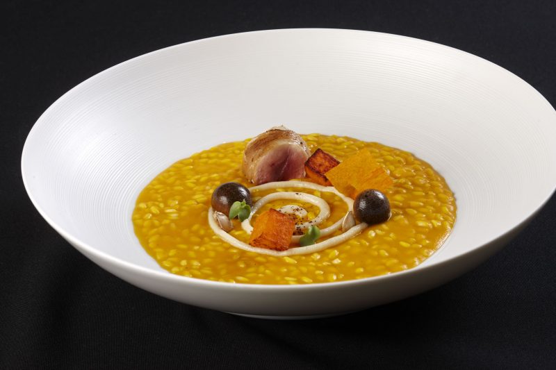 Riso carnaroli, zucca, blu di bufala, quaglia e caffè