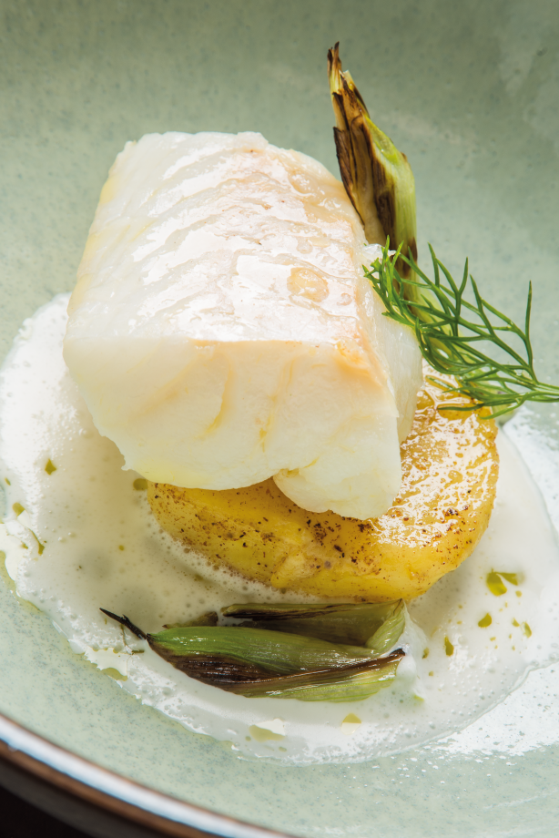 Baccalà in olio di cottura, patate allo zenzero e cipollotti grigliati su salsa al Grana Padano
