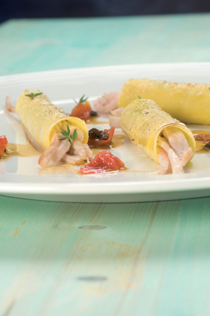 Cannelloni di coniglio, pomodorini confite olive taggiasche