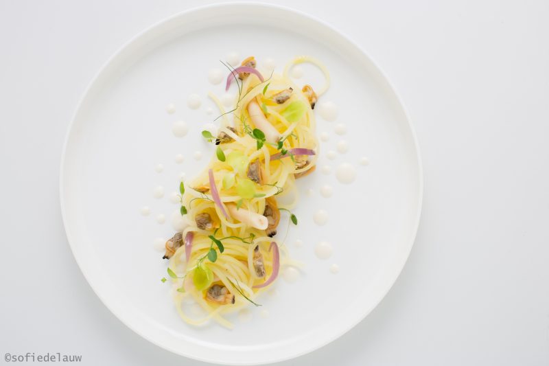Spaghetto di patate, vongole, cannolicchi, crema di cipolla e germogli