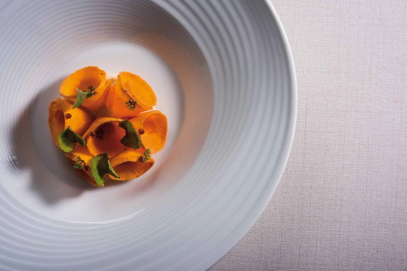 Zucca marinata, soffice di nocciole, bottarga di tonno e colatura di alici
