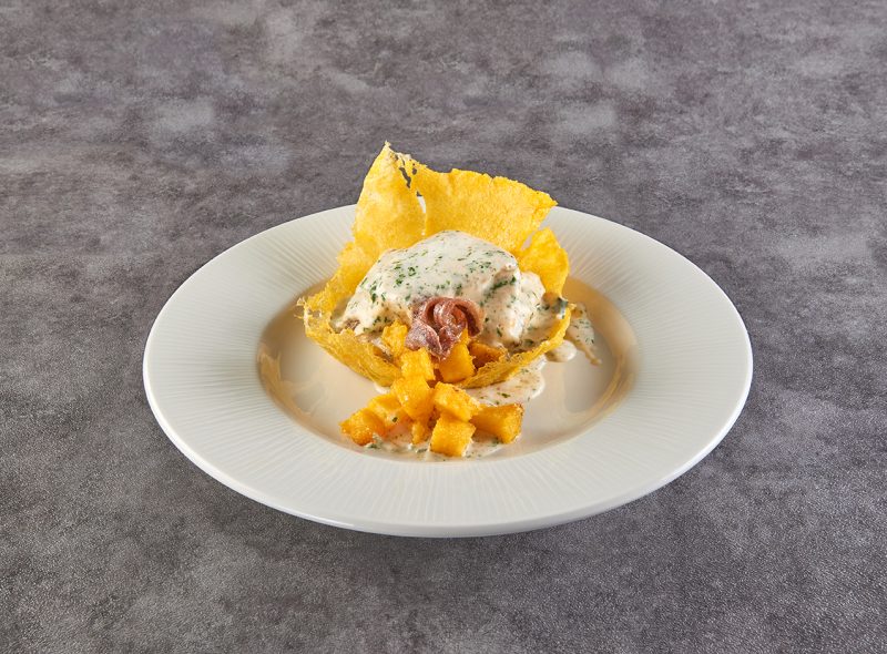 Da IFFCO Italia la ricetta del Baccalà mantecato alla crema su cestino di polenta ideata dallo chef Roberto Carcangiu