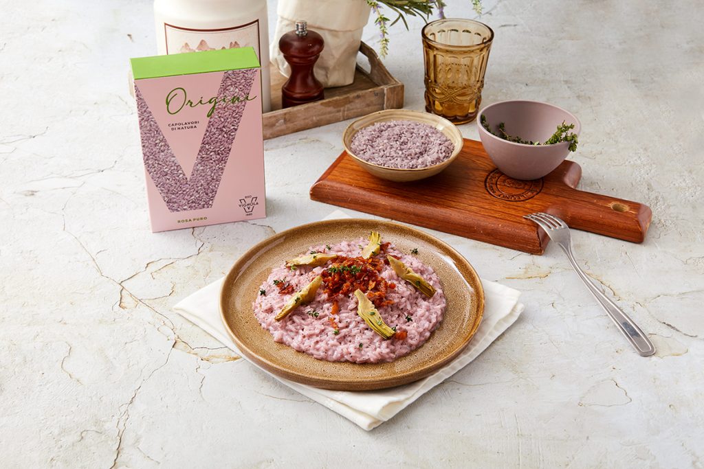 Origini Risotto Rosa Puro carciofi e bacon
